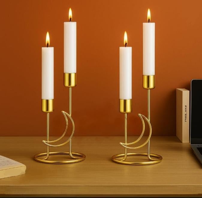URBAN INSPIRATIONS Moon Style Candle Holder Set of 2 | Golden Metal Candle Stand for Home Décor, Living Room, Bedroom & Dining Table | Modern Minimalist Gift Items