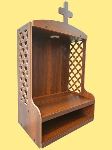 Premium Wood Wall Mounted Christian Prayer Cabinet Temple, Featuring Cross Top Soft LED Lighting Decorative Sides Shelf for Bible Candles Statues Home Church Decor Use, Brown