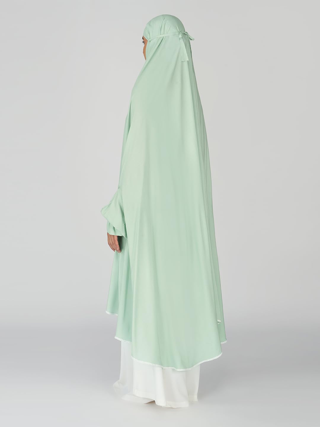 ANA Raha Green Solid Prayer Dress – Premium Modal Namaz Makhna with Tie Knot | 50″ Front × 58″ Back | Attached Sleeves | Lightweight, Breathable, Ready to Wear for Hajj, Umrah & Salah