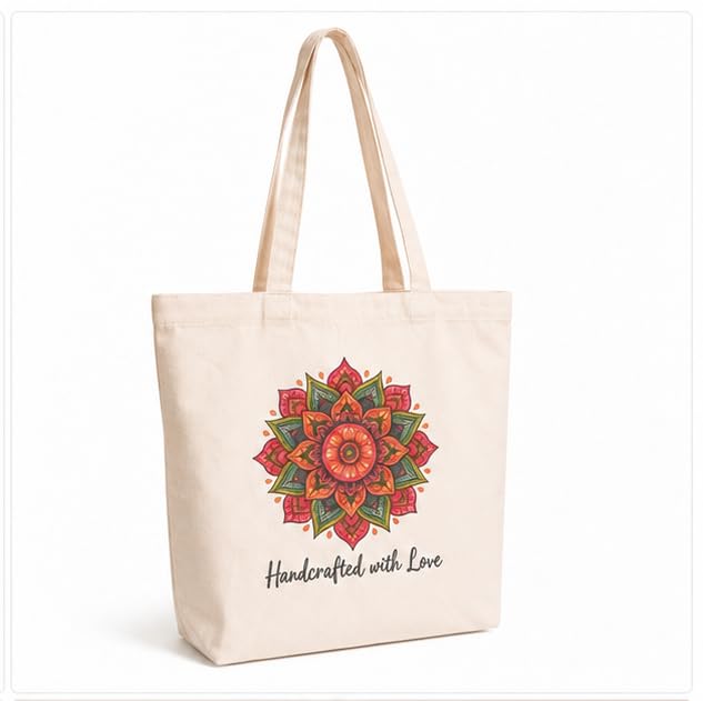 Cotton Canvas Tote Bag for Women, 100% Cotton 330 GSM Reusable Shopping Bag, Large Eco Friendly Shoulder Tote for College, Office, Grocery & Travel, Mandala Flower Print