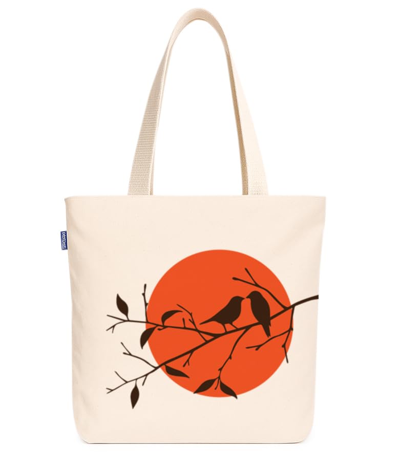 Econest Premium Canvas Totebags for Women with zipper, College Bag for Girls, 100% Organic Cotton Tote bag | beach,gift,office, school & Daily Usable strong handbag Medium size (Moon Sparrow)