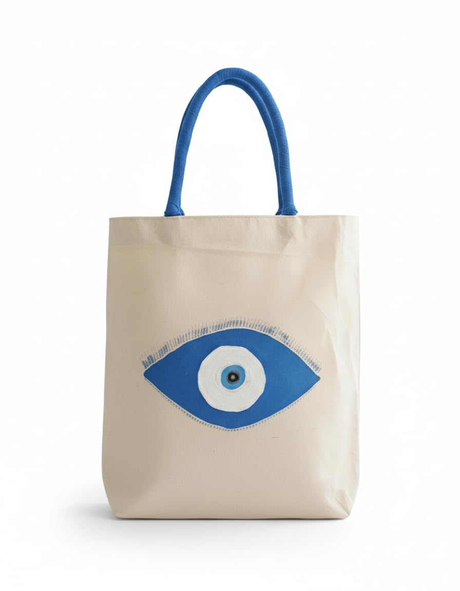 ZIG ZAG BAGS Canvas Tote Bag with Zipper | Evil Eye Design | Hand-Painted Cotton Tote for Girls, Office & Shopping | Eco-Friendly Cloth Handbag | Stylish Shoulder Shopping Bag for Women (Evil Eye)