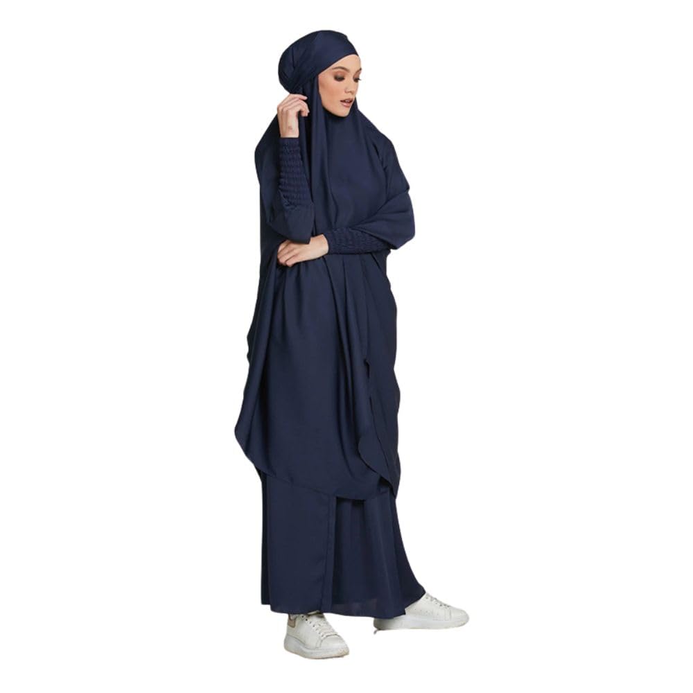 2-Piece Knee-Length Jilbab Set Khimar Style Abaya and Skirt with Chunnat Sleeves Dolman Sleeves Navy Blue Color Tie Back Burkha Jilbab Khimar Style Abaya Hijab Niqab Islamic Modest Wear for Women