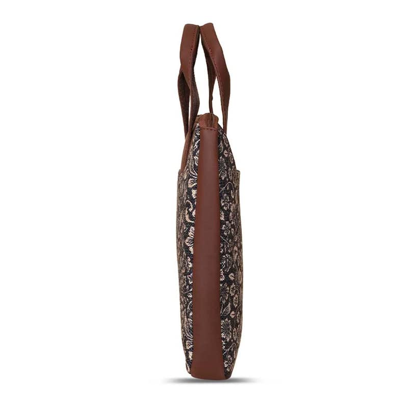 ZOUK FloMotif Floral Printed Women's Jute Handcrafted Vegan Leather Black L Zipper Laptop Sleeve 15.6 inch
