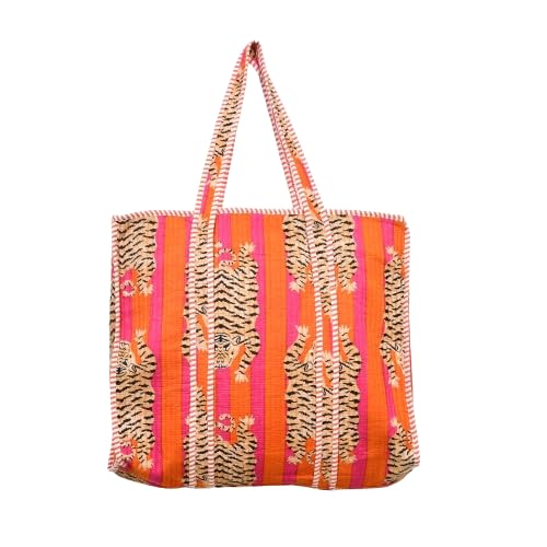 MITTICO Quilted Cotton Tote Bag for Women – Handmade Large Shoulder Handbag with Zipper & Multiple Pockets | Lightweight Travel Tote for Office, Shopping & Daily Use | Orange Tiger Print