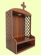 Stylish Christian Wooden Wall Temple Altar with Cross Crown, LED Downlight Carved Jali Panels Spacious Shelf for Daily Prayer Home Church Worship Room Decor Unit, Brown