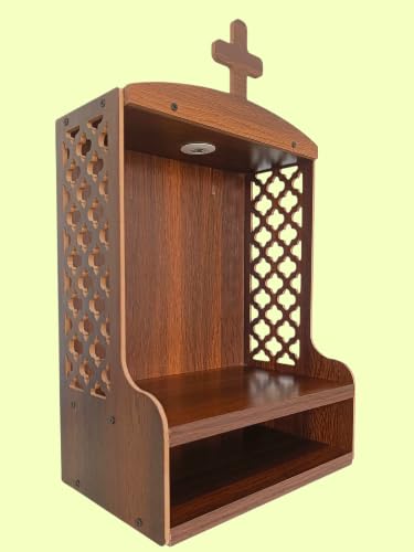 Stylish Christian Wooden Wall Temple Altar with Cross Crown, LED Downlight Carved Jali Panels Spacious Shelf for Daily Prayer Home Church Worship Room Decor Unit, Brown