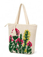 Embroidered Canvas Tote Bag, Cream, Floral Butterfly Design, Zipper Closure with Tassel