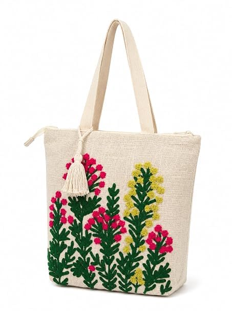 Embroidered Canvas Tote Bag, Cream, Floral Butterfly Design, Zipper Closure with Tassel