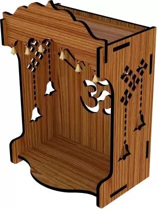 HM Bell Om Pooja Wooden Mandir for Home Wall Mounted | Wood Puja Home Temple with Double Shelf for Storage and God Idols Decoration for Living Room, Bedroom and Office