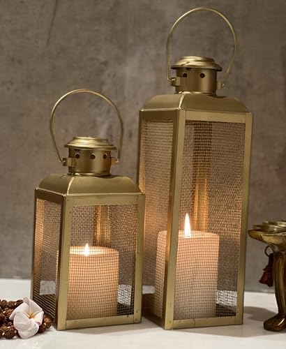 Urban Born Set of 2 Iron Lantern and Candle Tealight Holder for Home Decor Items | Candles for Home Decoration | Candle Holders for Home Decor | (Pack of 2) (Black) (Gold)