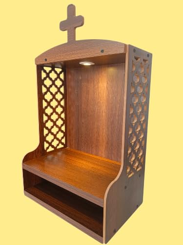 Premium Wood Wall Mounted Christian Prayer Cabinet Temple, Featuring Cross Top Soft LED Lighting Decorative Sides Shelf for Bible Candles Statues Home Church Decor Use, Brown