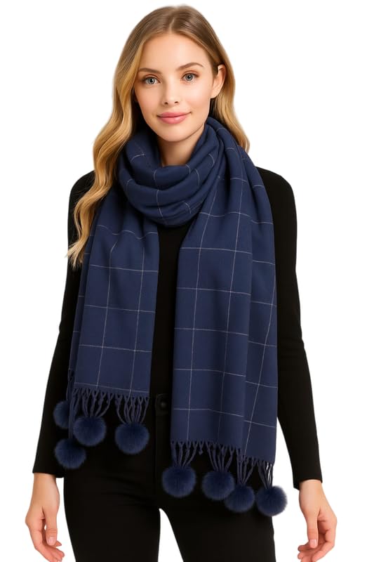 Krystle Checked Women’s Stole with Pom-Pom Tassels – Soft Warm Wool Blend Scarf with Classic Check Pattern & Fringe Detailing (Free Size,Blue3)