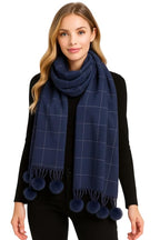 Krystle Checked Women’s Stole with Pom-Pom Tassels – Soft Warm Wool Blend Scarf with Classic Check Pattern & Fringe Detailing (Free Size,Blue3)