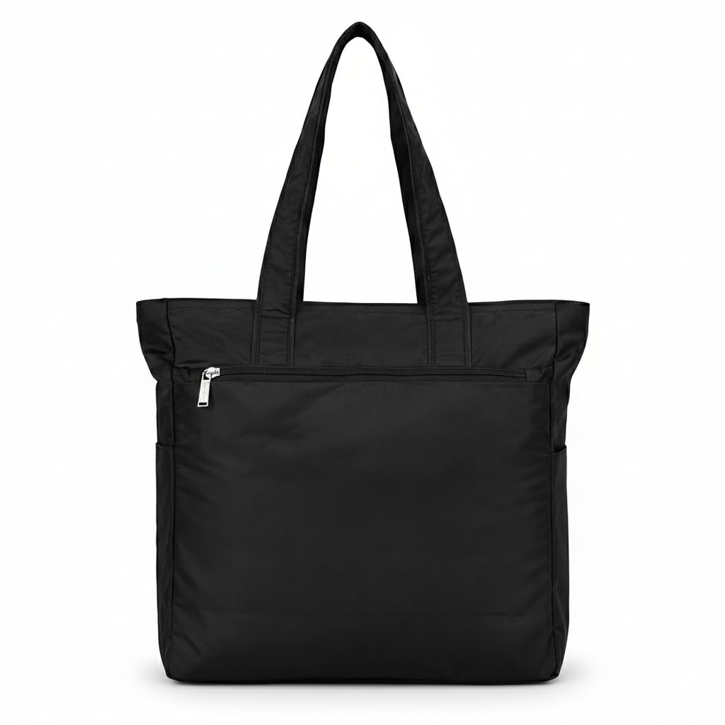 Bag-Age HB53 Large Tote Bag for Girls & Women | Water-Resistant Nylon Handbag with Multiple Compartments, Laptop Work Bag for Office, Travel, Shopping & Daily Use (Black)