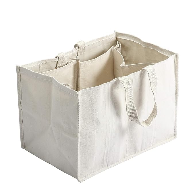 Any Time Unisex-Adult Heavy Duty Cotton Canvas Reusable Vegetable Utility Bag/Grocery Bag/Carry Bag/Shopping Bag With 6 Compartments/Pockets For Organized Storage, White Pack Of 1
