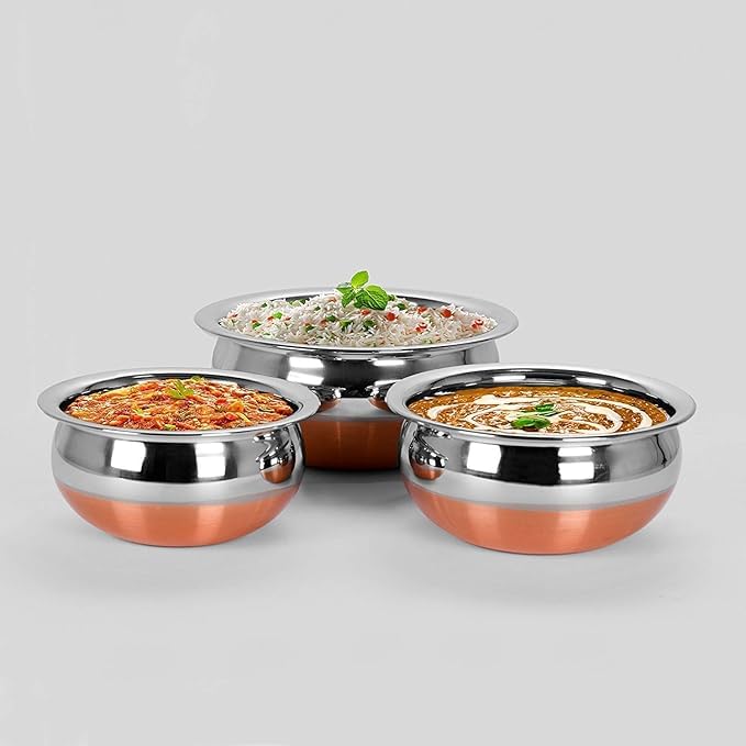 PUHBRHY 3pcs Stainless Steel Copper Bottom Kitchen Serving,Traditional Indian Cook,Biryani Handi for Restaurant Cookware Set Ideal for Dal & Gravy & Dining Serveware (3 pcs)