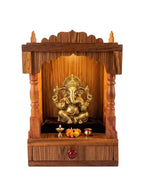Handcrafted Wooden Mandir for Home & Office – Traditional Teak Finish Pooja Temple with Storage Drawer – Wall Mountable or Tabletop Devotional Shrine – Size: 45H x 32W x 22D cm.