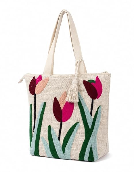 Embroidered Canvas Tote Bag, Cream, Floral Butterfly Design, Zipper Closure with Tassel