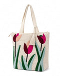 Embroidered Canvas Tote Bag, Cream, Floral Butterfly Design, Zipper Closure with Tassel