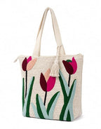 Embroidered Canvas Tote Bag, Cream, Floral Butterfly Design, Zipper Closure with Tassel