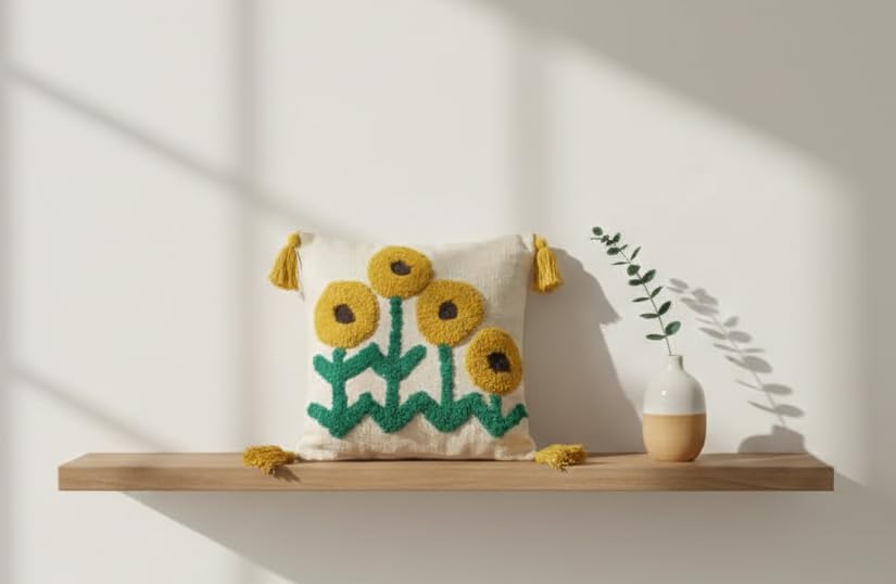 Furnistitchs Handmade Tufted Boho Cushion Covers 12x12 Inches | Embroidered Sofa Pillow Cases | Rustic Bohemian Decorative Throw Cushions for Couch Bedroom Living Room (5, Sunflower)