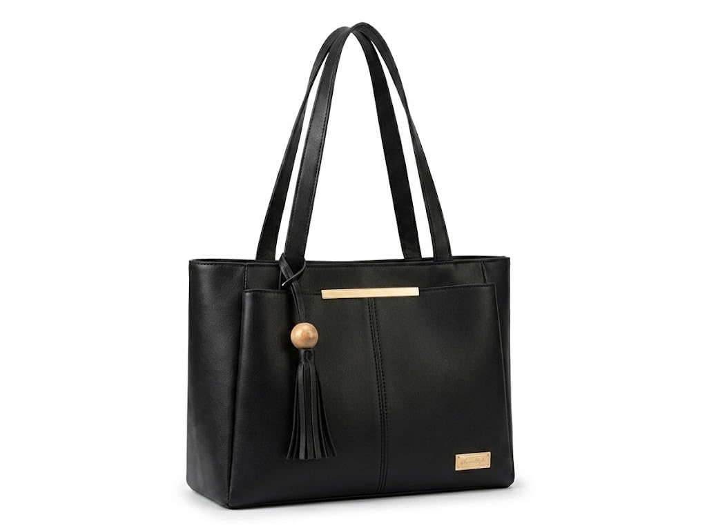 PAVILONN Women Tote Bag Ladies Handbag Shoulder Office Shopping Work Laptop PU Leather Brown Travel College Daily Use Designer Large Stylish Fashion Zipper Commuter Gift (BLACK)