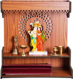HM Om Pooja Wooden Mandir for Home Wall Mounted | Wood Puja Home Temple with Double Shelf for Storage and God Idols Decoration for Living Room, Bedroom and Office