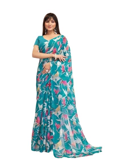 Floral Elegance Printed Saree, Soft, Flowing, Modern Ethnic Style (Blue)