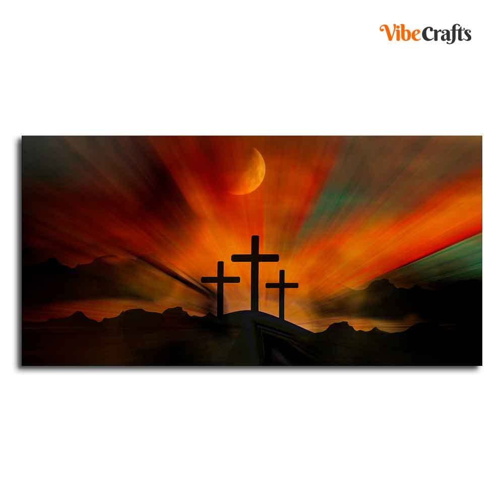 VIBECRAFTS Canvas Paintings for Living Room Drawing Room Three Cross Silhoutte Canvas Wall Painting Fitted With Wooden Frame For Home | Office | Living Room | Gifts (PTVCH_2540)