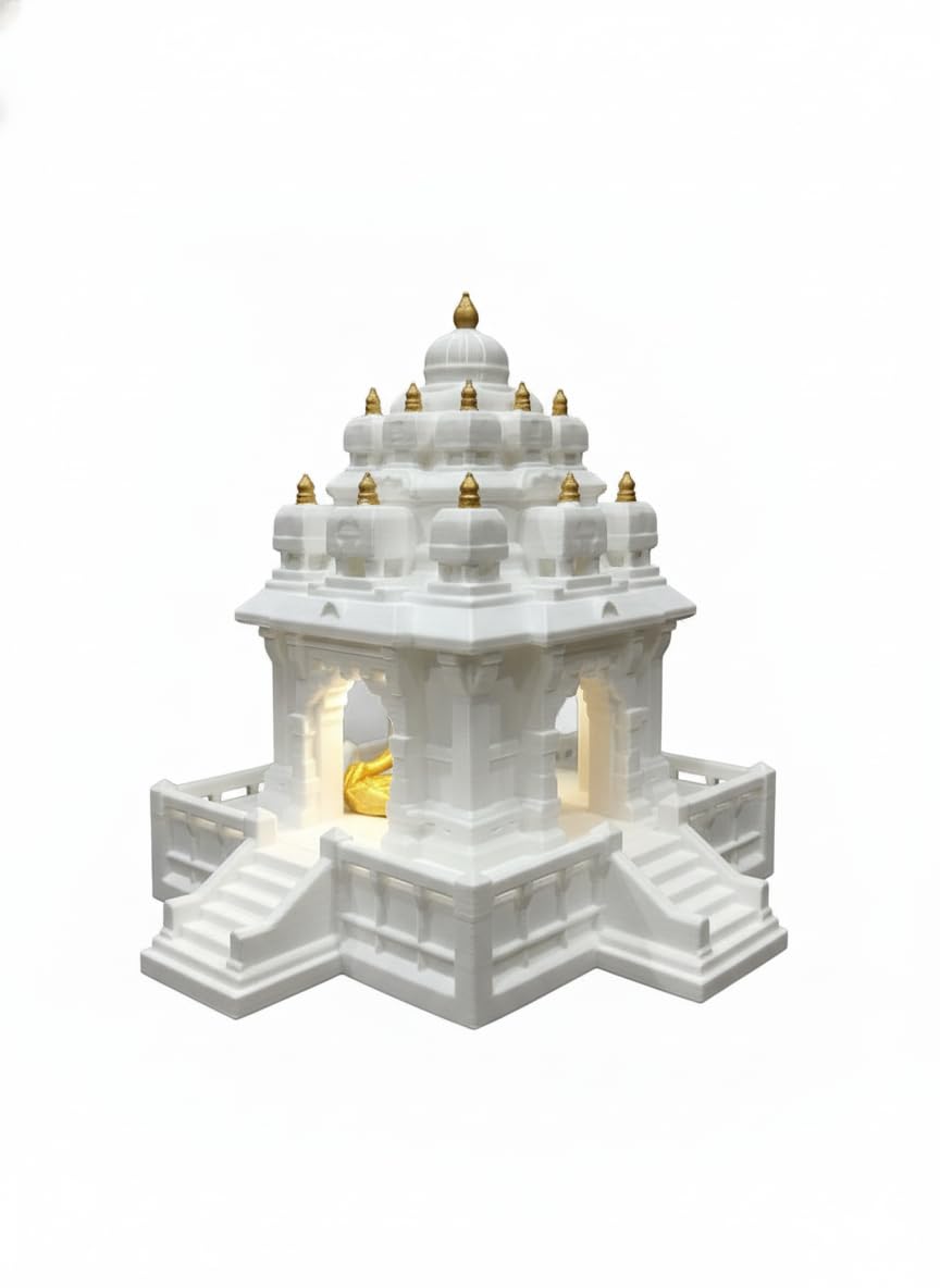 Temples for Home 3D Printed Mini Mandir with Shiva Idol | White & Gold Small Temple for Home & Office | South Indian Architecture Pooja Mandir for Decor & Gifting