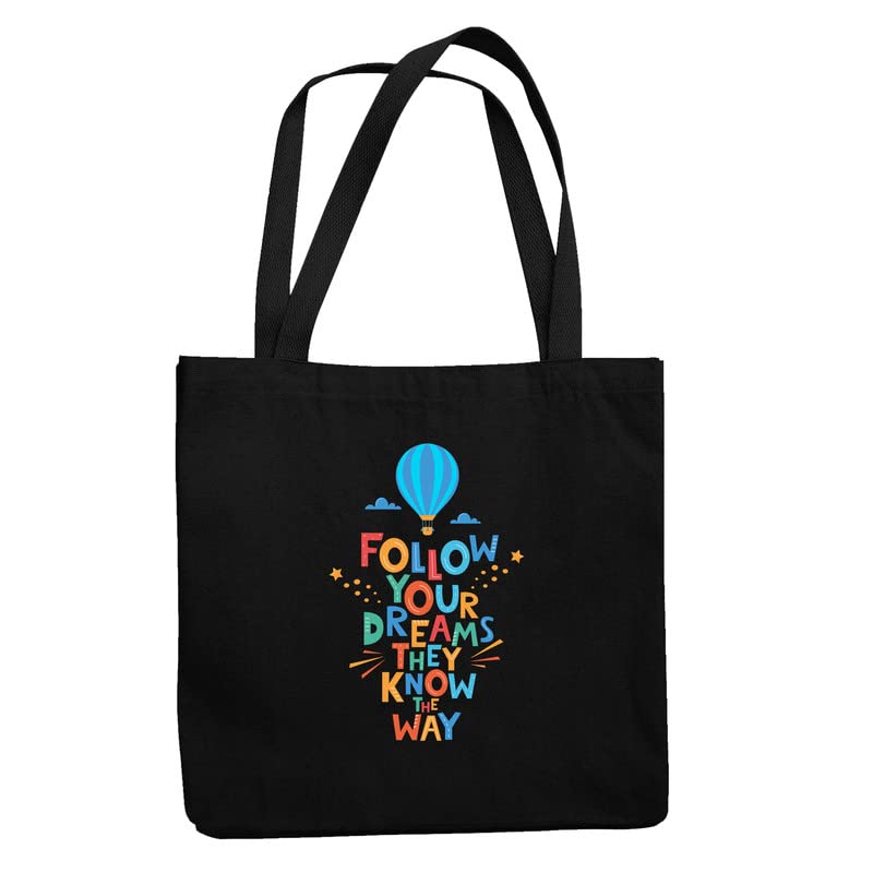TheYaYaCafe Printed Canvas Cotton Black Tote Bag with Zipper for Womens, Tote Bag for College (Follow Your Dream)