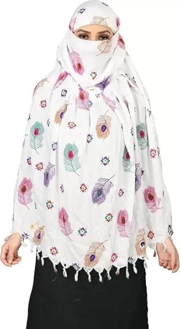 Crockett Cotton Face Mask Scarf with Sun Protection – Long Cotton Dupatta for Women & Girls – Universal Size, Stylish UV Protection Cover for Vahical Driver Outdoor Use (White Feather)