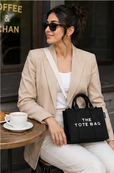 AQVA Small Tote Bag for Women with Pouch | 100% Cotton Canvas Mini Handbag | Stylish Shoulder Bag for Office, Travel, Daily Use (10x8x5 inch, Black)