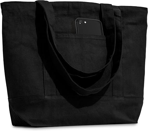 Econest Large Canvas Tote Bag for Women, Beach Bags, Travel Bag with Outer Pockets & Inner Zipper Pocket, Reusable Multi-Purpose Cotton Bags for School/Gym/Shopping/Beach & Groceries, (BLACK)
