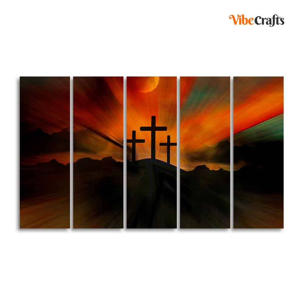 VIBECRAFTS Three Cross Silhouette Canvas Wall Painting of Five Pieces For Home|Office|Living Room|Gift (PTVC5Pcs4_8742)
