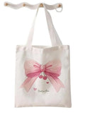 Mohini Dreams Pink Bow Cherry Printed Canvas Tote Bag for Women, Cute White Cotton Reusable Shoulder Bag, Lightweight Handbag for Shopping Travel Office College Daily Use Eco Friendly Carry Bag