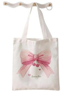 Mohini Dreams Pink Bow Cherry Printed Canvas Tote Bag for Women, Cute White Cotton Reusable Shoulder Bag, Lightweight Handbag for Shopping Travel Office College Daily Use Eco Friendly Carry Bag