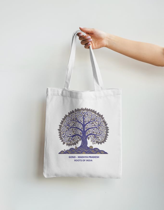 Studio JoySprout Gond Art Tree Canvas Tote Bag | Madhya Pradesh Roots of India Cotton Shopping Bag | Open Top Non Zipper | White | Unisex