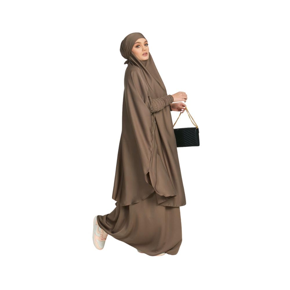 MODEST CITY 2-Piece Knee-Length Jilbab Set Khimar Style Abaya and Skirt with Chunnat Slevees/Dolman Sleeves Brown Color| Tie Back Burkha Jilbab Khimar Style Abaya