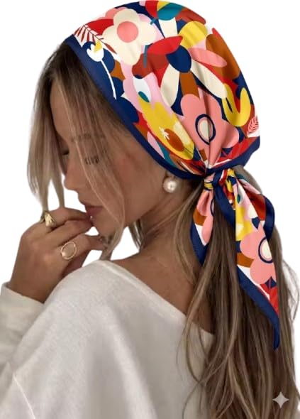 Etietnic Satin Square Head Scarf for Women,BLUE BORDER Printed