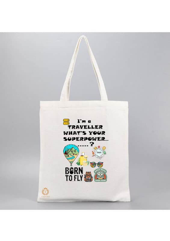 TAJNAN Reusable Tote Bags - 100% Organic Cotton Grocery Bag - Eco-Friendly, Multi-Purpose - Sturdy Canvas Bag with 15kgs Capacity - Multiple Stylish Designs (Pack of 1 - Traveller)