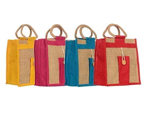 Jute Shopping Grocery Bag with Cotton Rope Handle for Men and Women Tote Bag and Lunch Bag with Zip (Pack of 4) Shoulder Bag | Handbag | Travel Bag by Jmg Industries