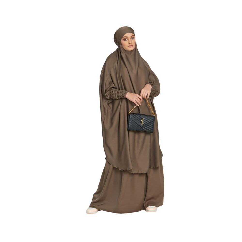 MODEST CITY 2-Piece Knee-Length Jilbab Set Khimar Style Abaya and Skirt with Chunnat Slevees/Dolman Sleeves Brown Color| Tie Back Burkha Jilbab Khimar Style Abaya