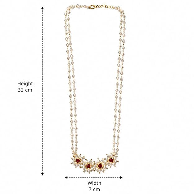 Anuradha Art Jewellery Elegant Golden Finish Floral Parijat Necklace with White Pearl Double Chain & Matching Maroon Ruby Stud Earrings | Artificial Mogra | Handmade Handcrafted Traditional Jewellery Set for Women & Girls (MAROON)