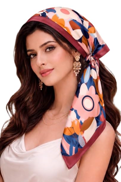 Etietnic Satin Square Head Scarf for Women,RED BORDER Printed