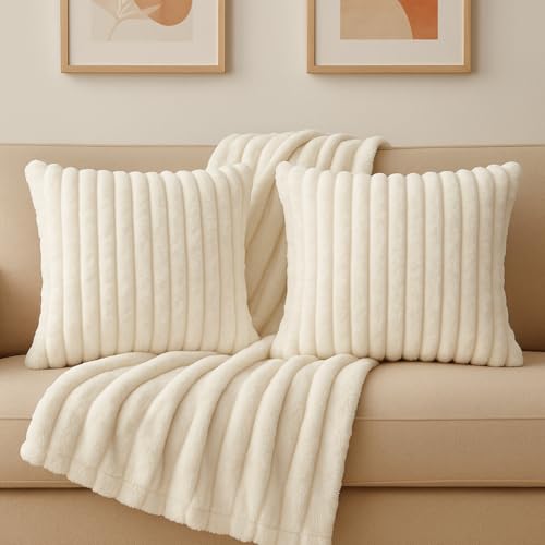 AWARD VELVETS Premium Faux Rabbit Fur Plush Luxury Soft Fluffy Striped Decorative Throw Pillow/Cushion Covers for Sofa, Couch, Living Room - (Off White, 16 x 16 inch) Set of 1