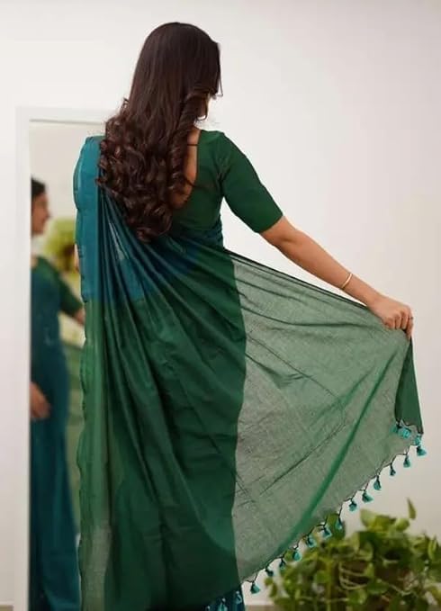 Handloom Cotton Khadi Saree for Women | Green & Magenta Soft Cotton Saree with Blouse Piece | 5.5 Meter (Green::Rama)
