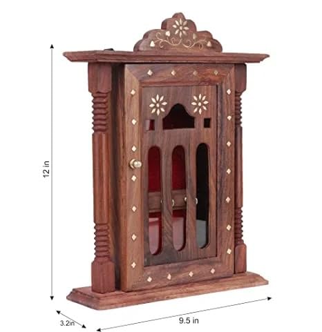Handcrafted Wooden Wall Mounted Temple with Brass Inlay, Traditional Indian Pooja Mandir, Brown Sheesham Wood, Religious Home Decor Shrine