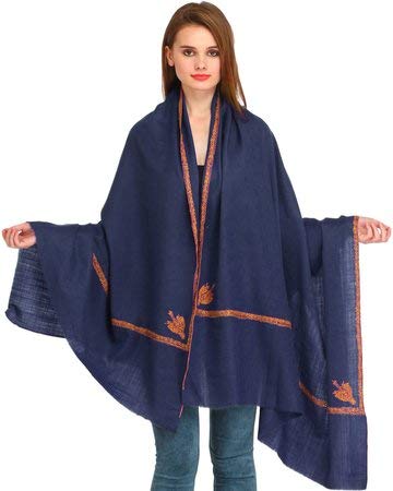 Exotic India Women's Plain Kashmiri Kingri with Sozni Hand-Embroidery on Border Pure Wool Shawl (SWJ26--twilight-blue)